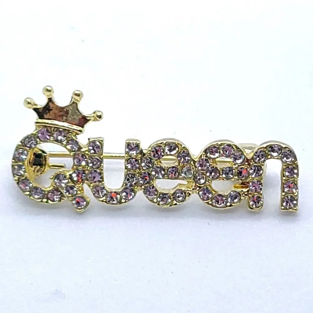 Queen Crown Rhinestone Brooch Gold CZ Statement Pin Birthday Glam Bridal Sparkle